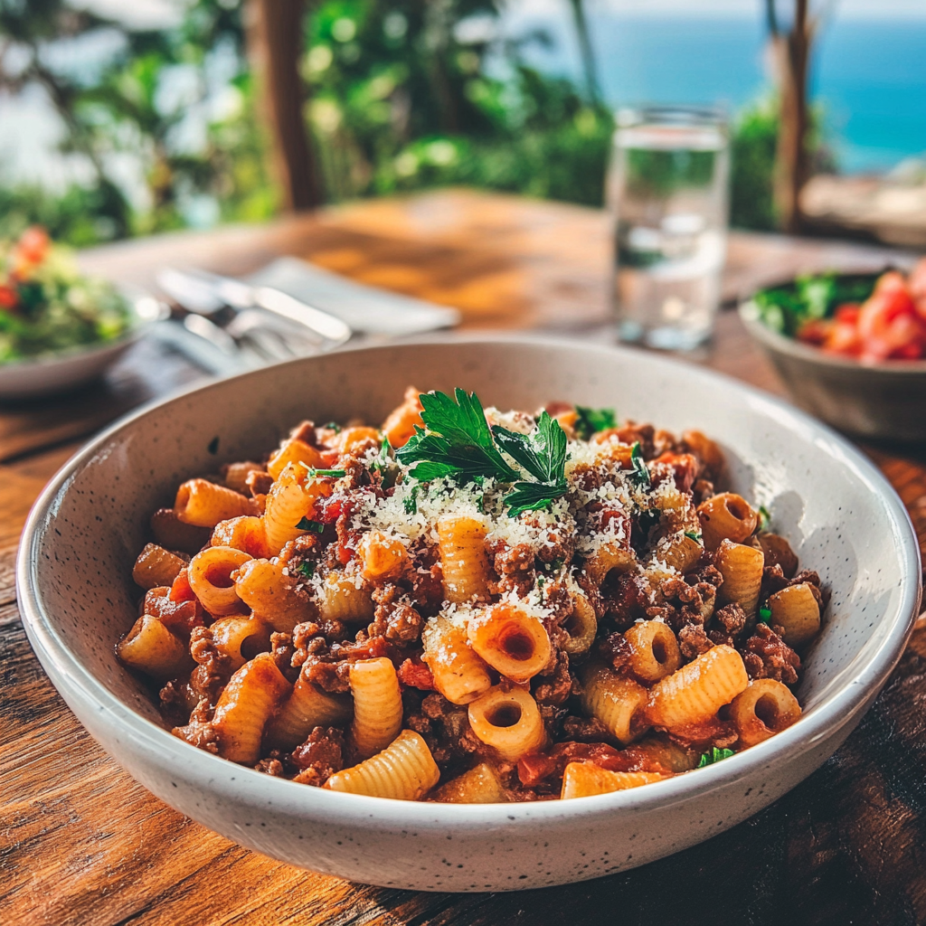 A bowl of gluten-free beefaroni with fresh herbs on top.