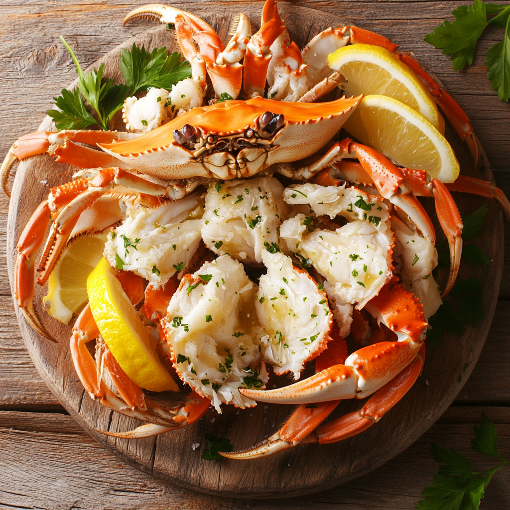 Dungeness crab served with lemon wedges, melted butter, and fresh parsley.