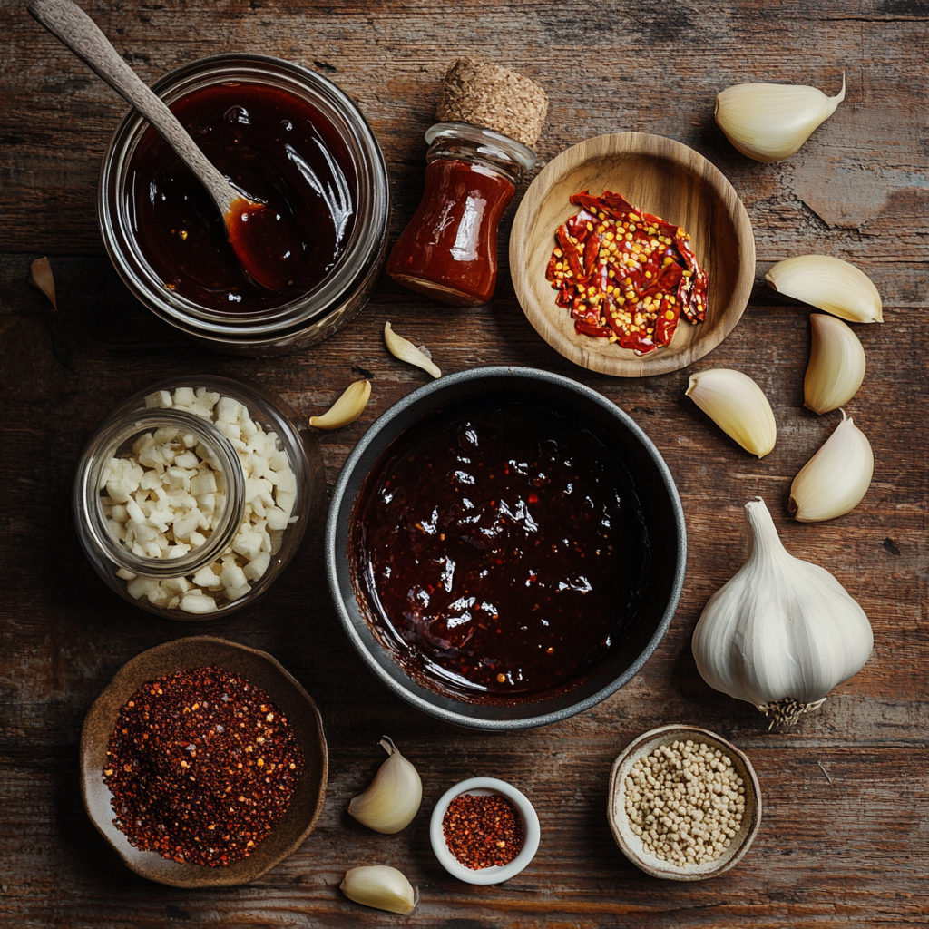 Close-up of Beijing beef sauce ingredients on a wooden table.