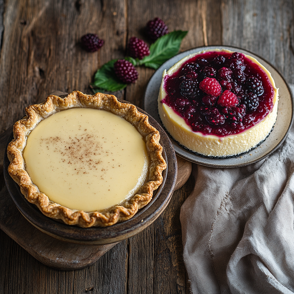 A custard pie and cheesecake side by side, highlighting their differences.