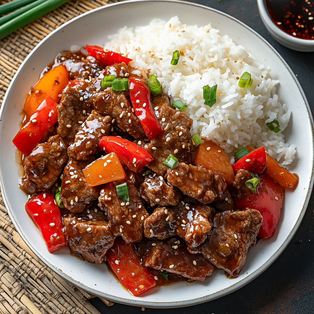 Beijing beef recipe with crispy beef, red peppers, and onions in a tangy sauce.