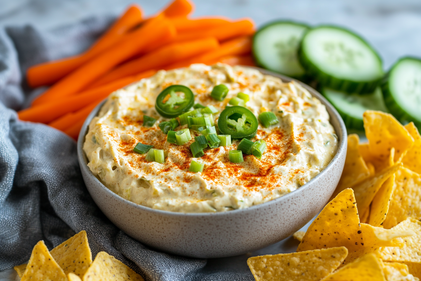 Artichoke jalapeno dip served in a bowl with tortilla chips and fresh vegetables.