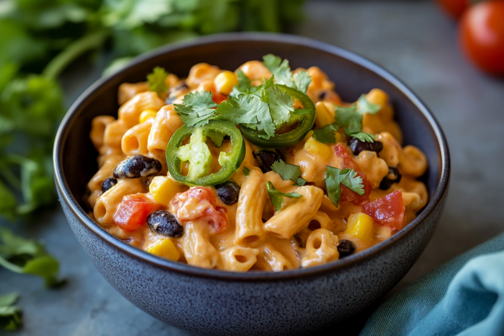 Southwest mac and cheese served in a bowl with garnishes of jalapenos, cilantro, and diced tomatoes.