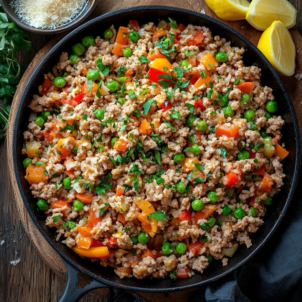 Ground turkey and rice served with bell peppers and fresh herbs in a skillet.