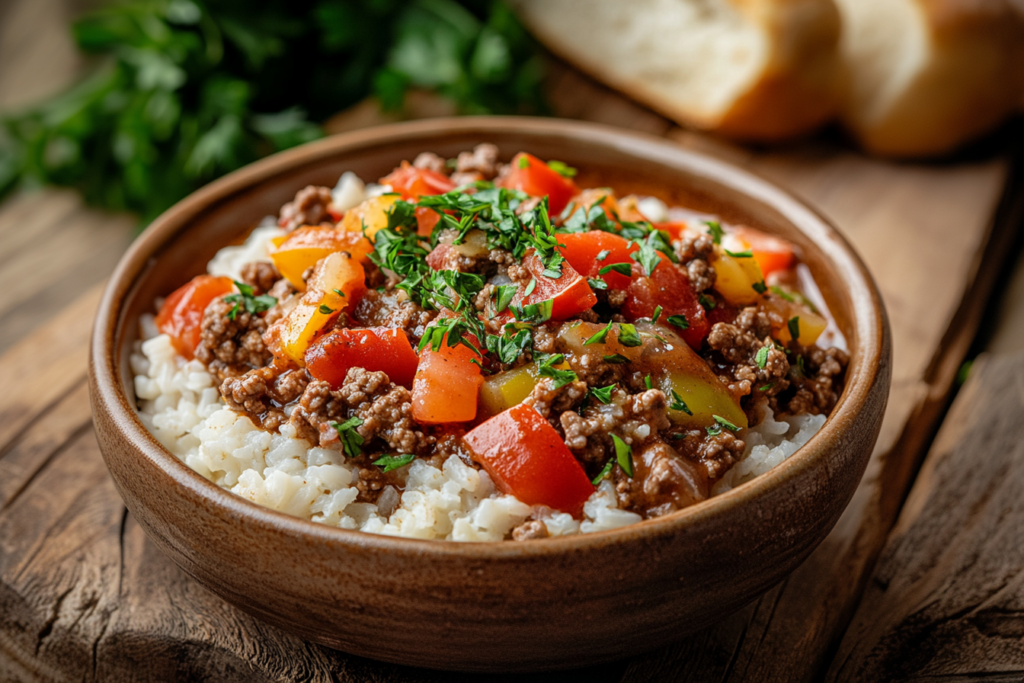 Hamburger and rice crockpot recipe served in a bowl with fresh parsley garnish.