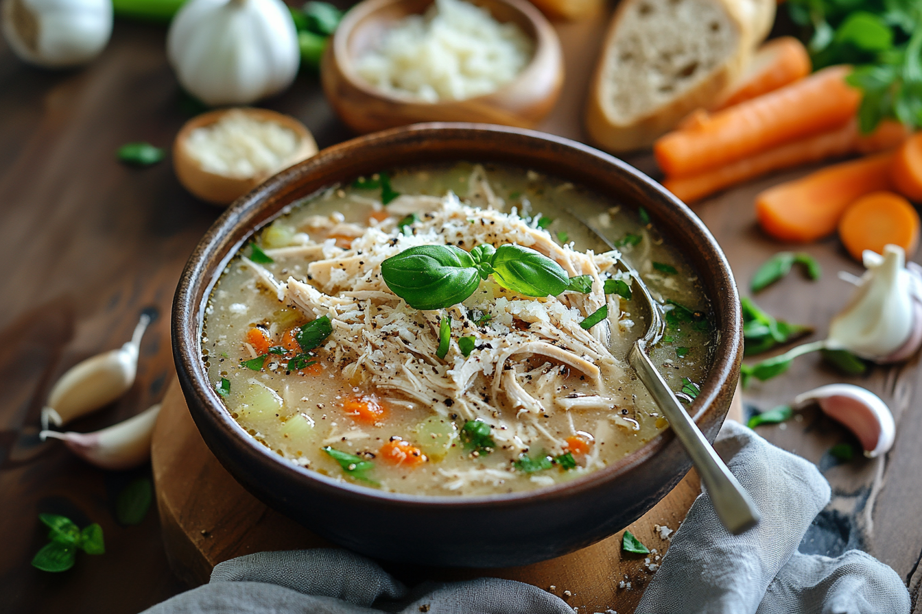 A bowl of marry me chicken soup garnished with fresh basil, featuring creamy broth and tender chicken pieces.