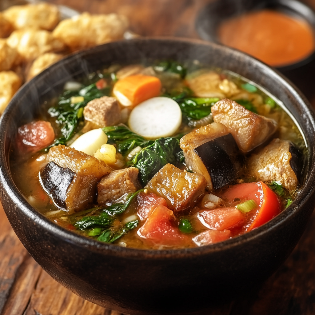 Traditional sinigang recipe with pork, vegetables, and tamarind broth