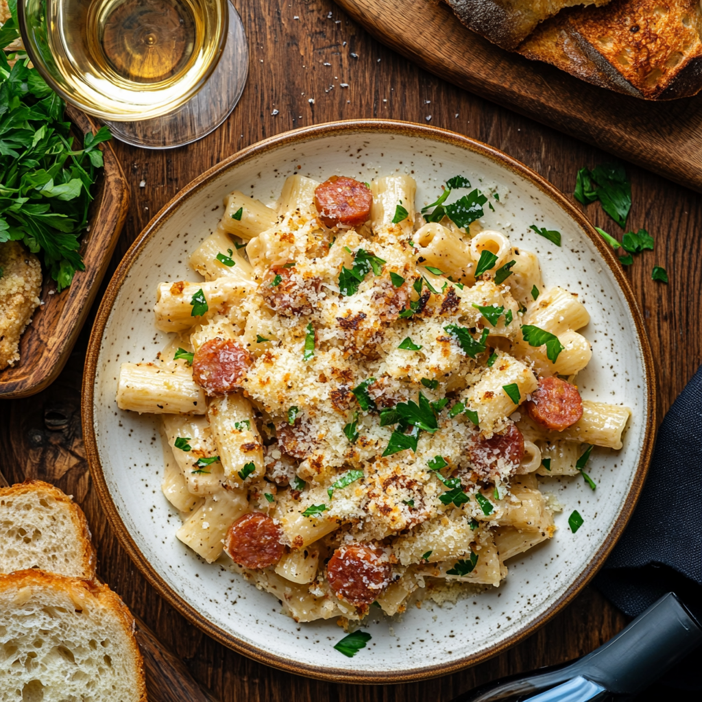 A delicious plate of kielbasa and pasta garnished with parsley and Parmesan cheese.