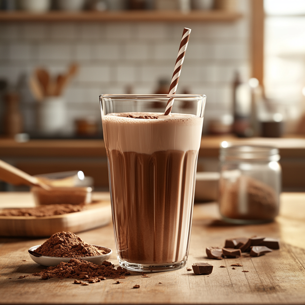 A glass of creamy chocolate milk with a straw.