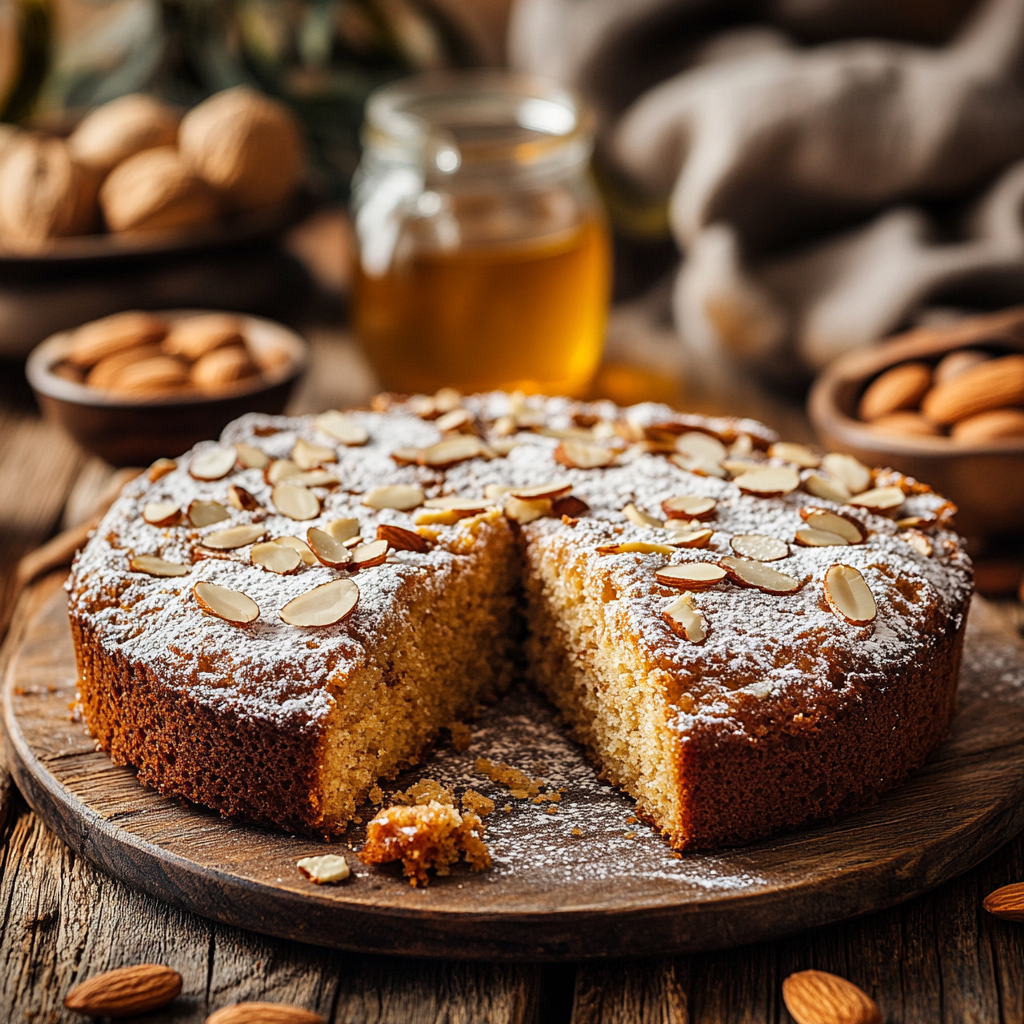 Almond nut cake topped with sliced almonds and powdered sugar.