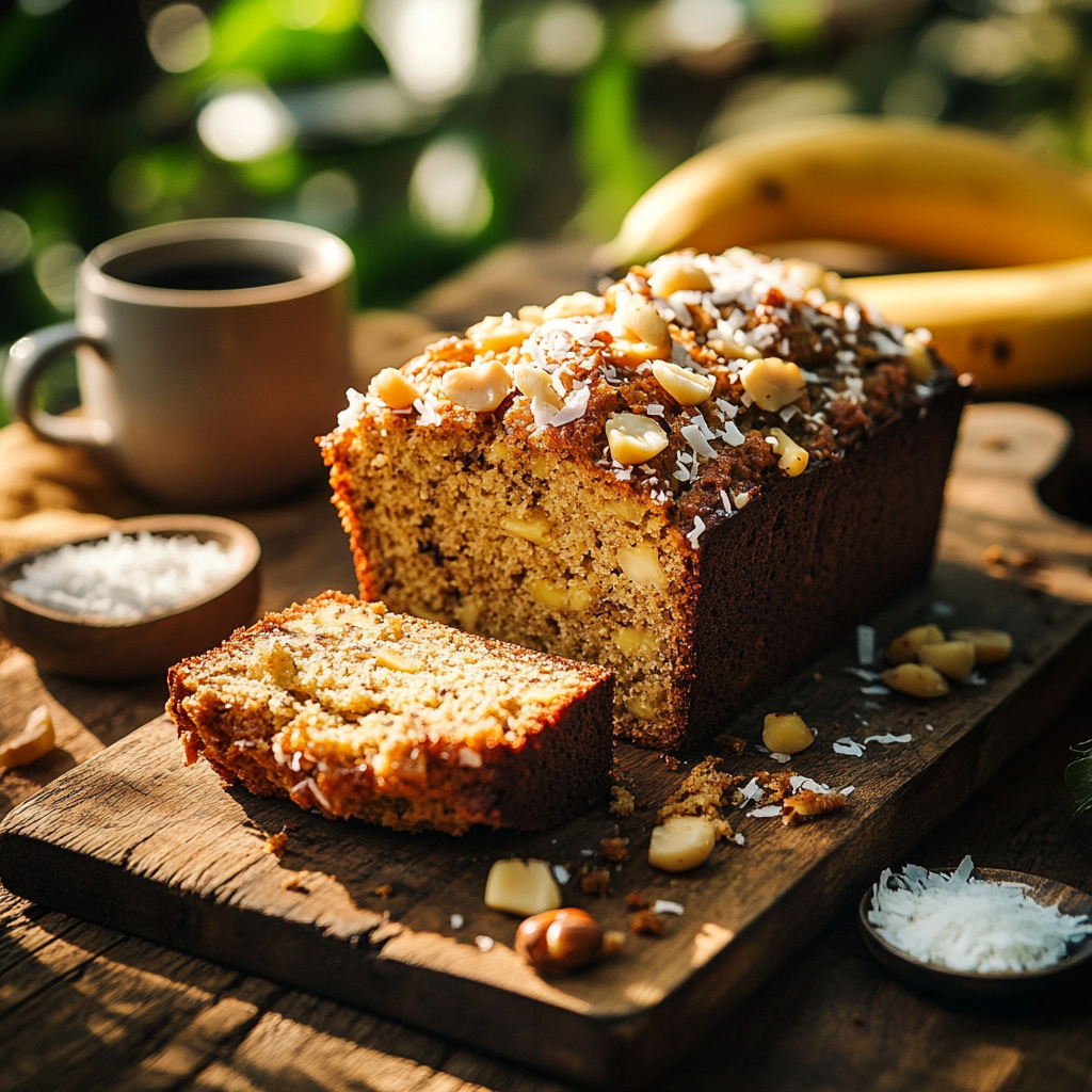 A loaf of Hawaiian banana bread surrounded by slices, topped with shredded coconut and macadamia nuts.