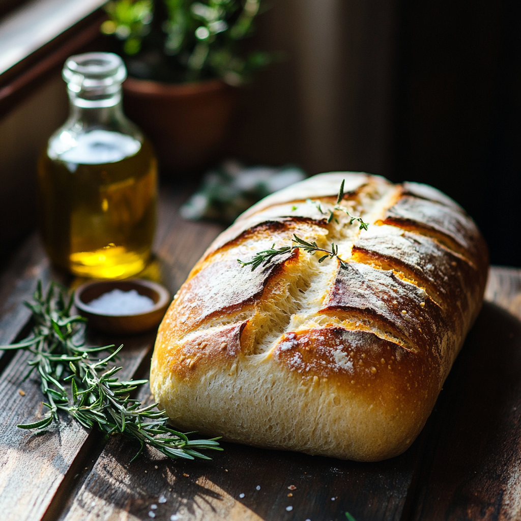 Freshly baked crusty Italian bread with a golden crust.