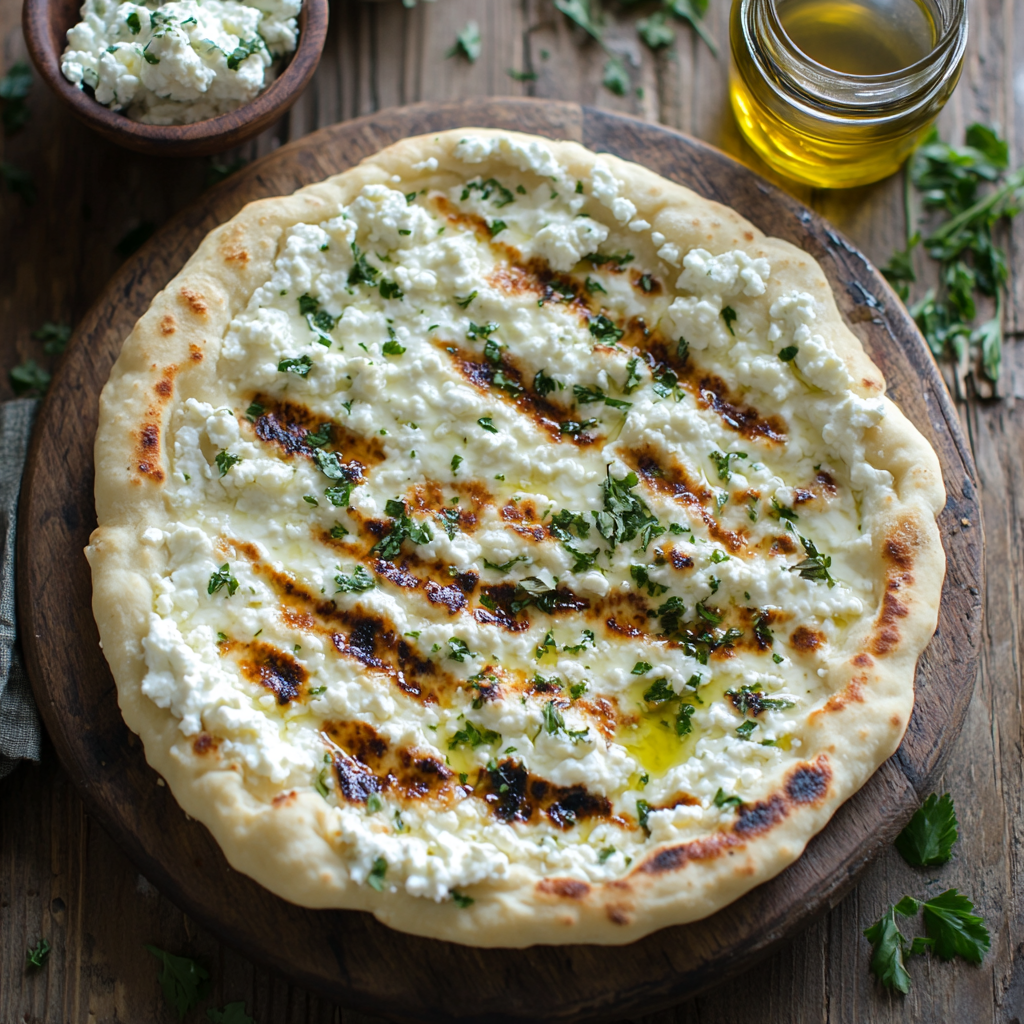 Cottage cheese flatbread topped with fresh herbs on a wooden surface.