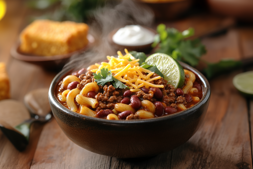 Macaroni and Chili Con Carne served in a bowl with shredded cheese and fresh cilantro.