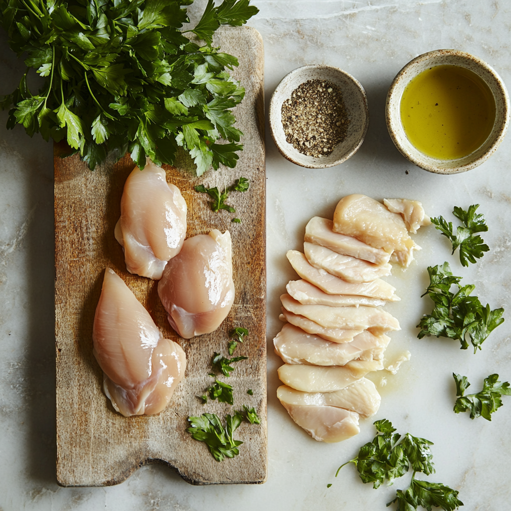 A side-by-side comparison of chicken breast and cutlets on a wooden cutting board.