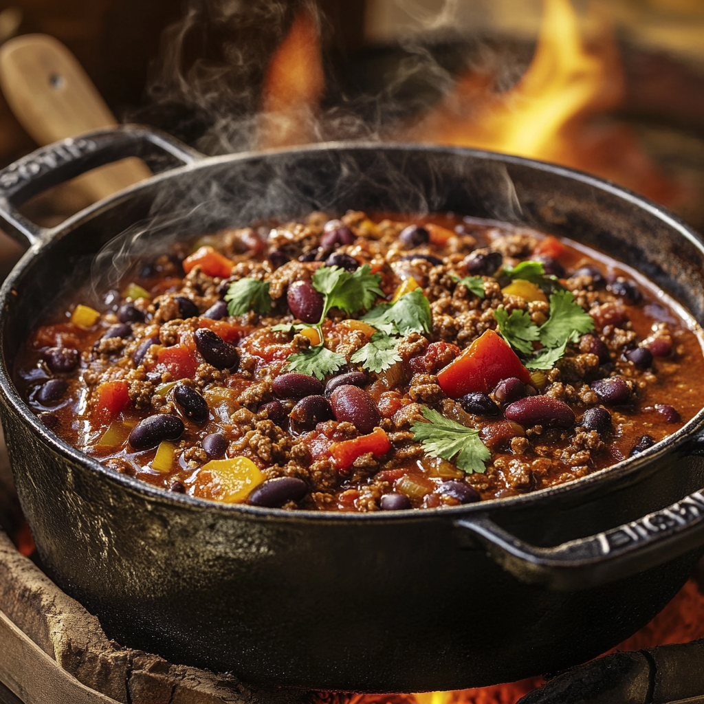 A hearty bowl of cowboy chili topped with cheese and cilantro.