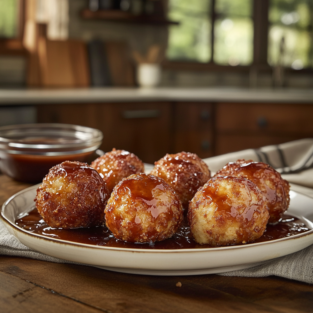 A plate of ham balls glazed with a sweet brown sugar sauce.