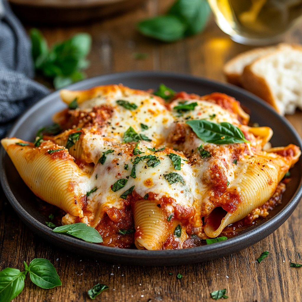 Chicken stuffed shells with marinara sauce and melted cheese
