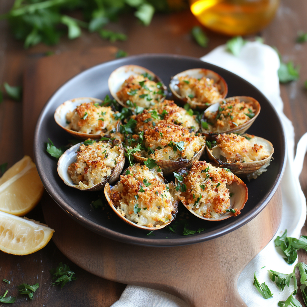 Freshly baked stuffed clams with golden breadcrumb topping.
