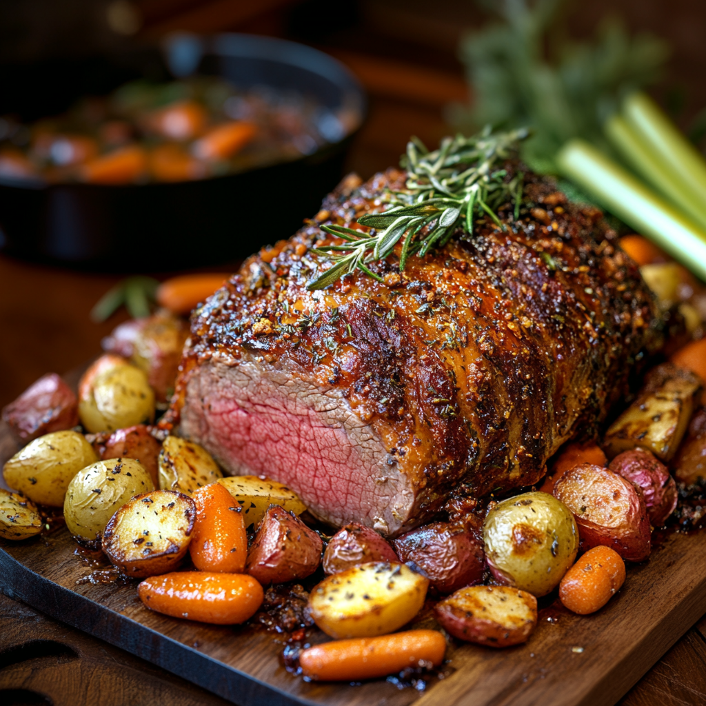 Cooked arm roast served with carrots and mashed potatoes.