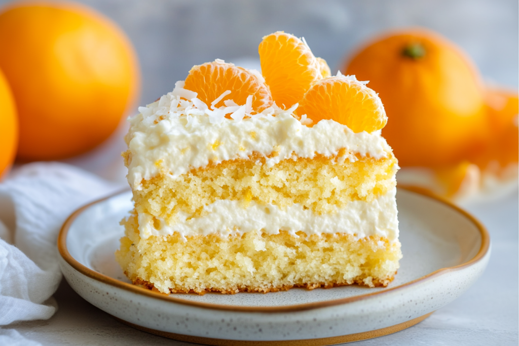 Mandarin orange cake with whipped topping frosting and garnished with fresh mandarin segments.