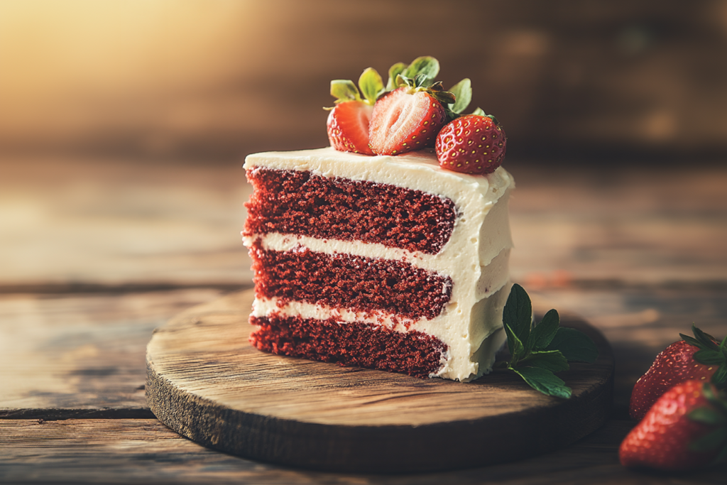 A slice of red velvet cake with cream cheese frosting, garnished with fresh berries.