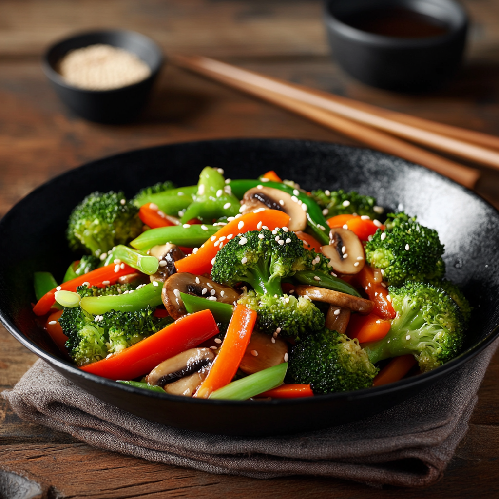 Bright green broccoli stir-fried in a savory Asian sauce with garlic and sesame seeds.