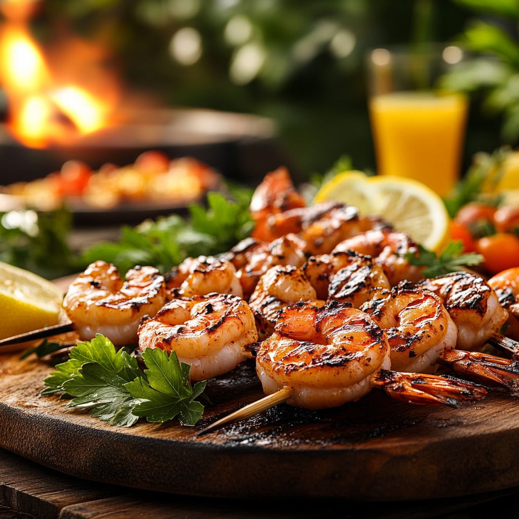 Grilled BBQ shrimp skewers served with lemon wedges.
