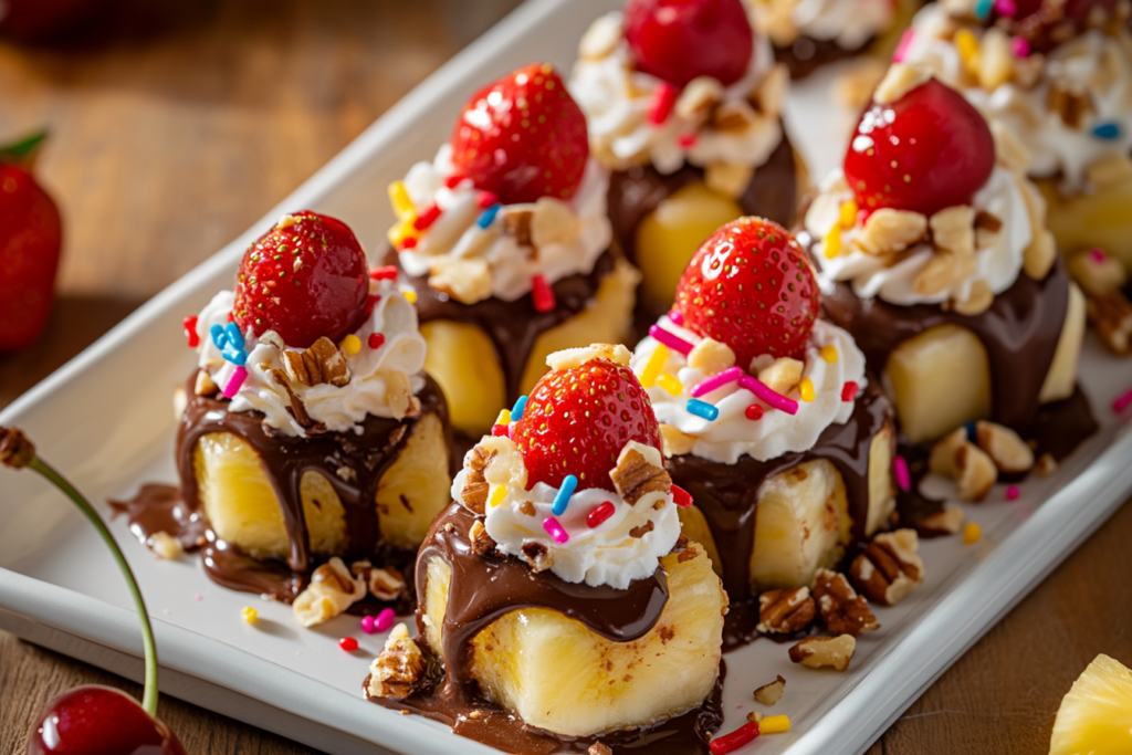 Banana Split Bites on a serving platter with chocolate and colorful sprinkles.