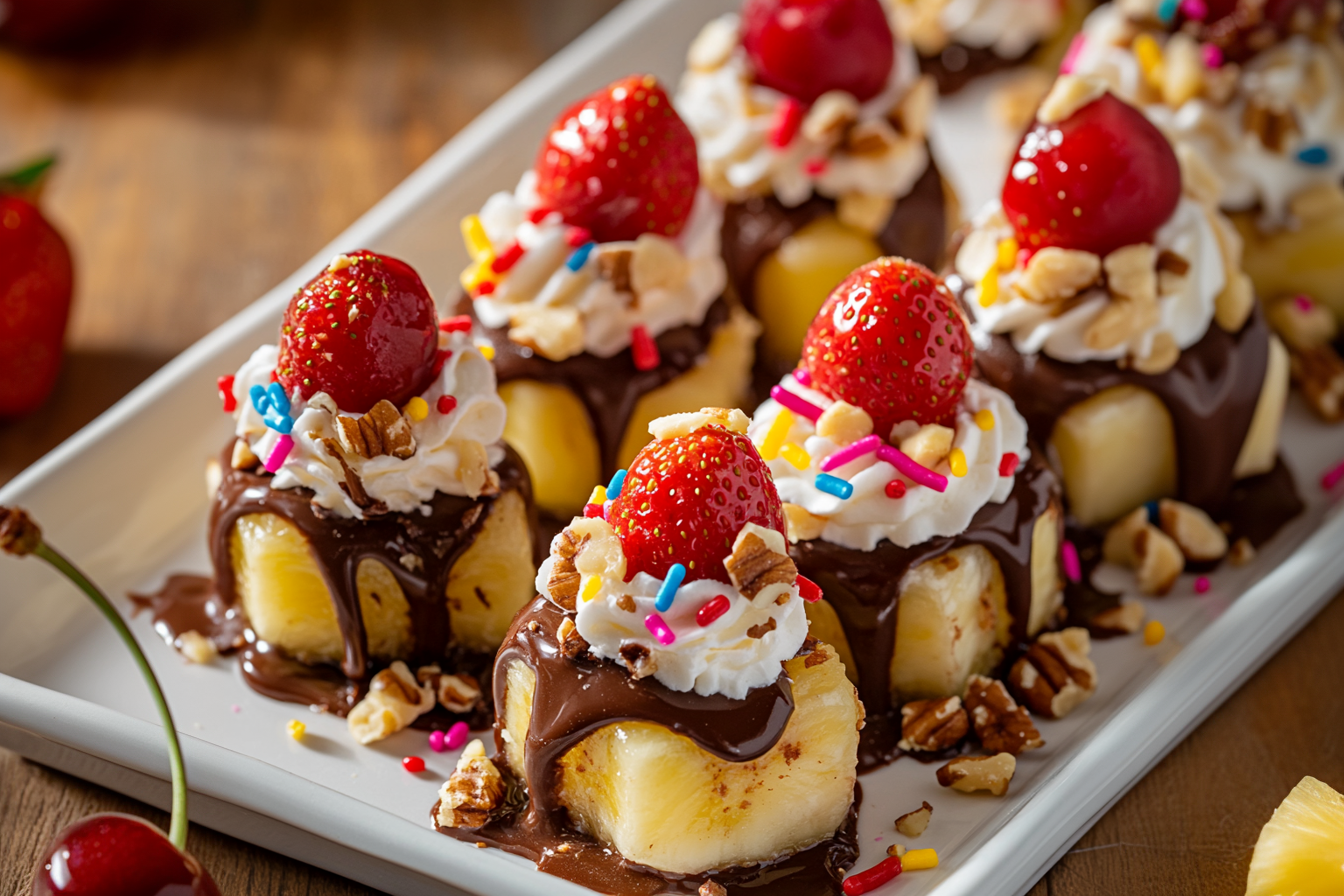 Banana Split Bites on a serving platter with chocolate and colorful sprinkles.