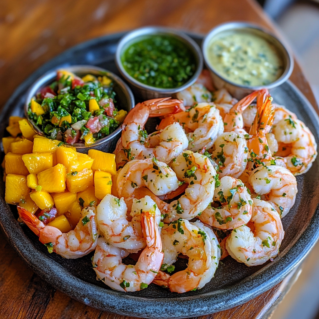 Shrimp served with a variety of sauces including cocktail, garlic butter, and mango salsa.