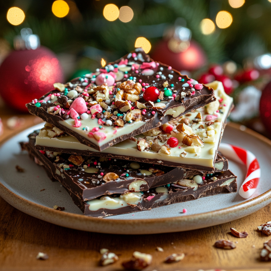 Festive Christmas bark with crushed candy canes and chocolate