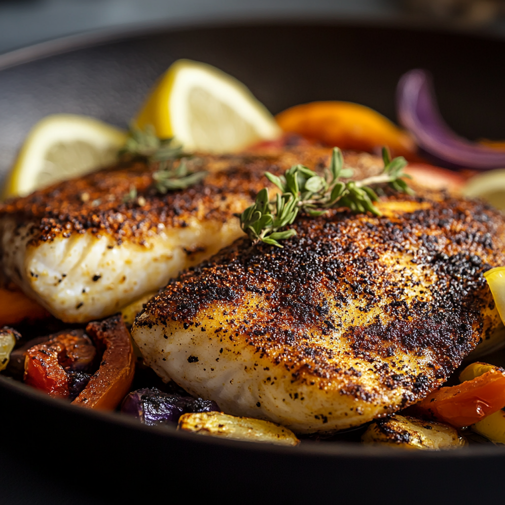 A perfectly blackened redfish fillet in a cast-iron skillet with lemon wedges.