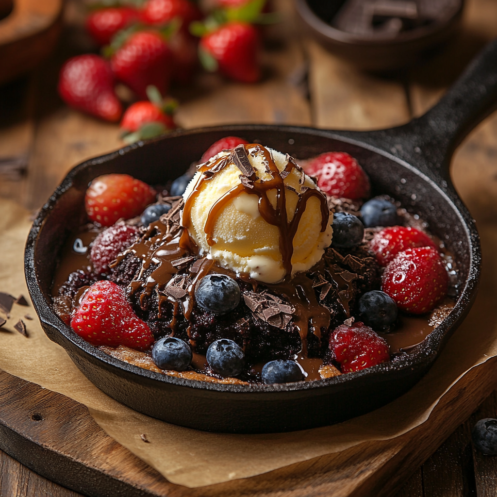 A rich and gooey chocolate cobbler topped with vanilla ice cream.