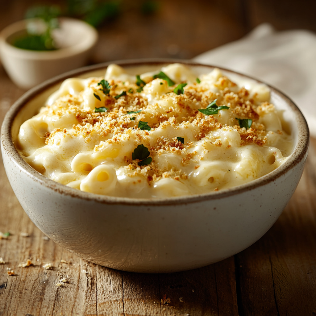 Five cheese mac & cheese recipe with creamy sauce and golden topping.