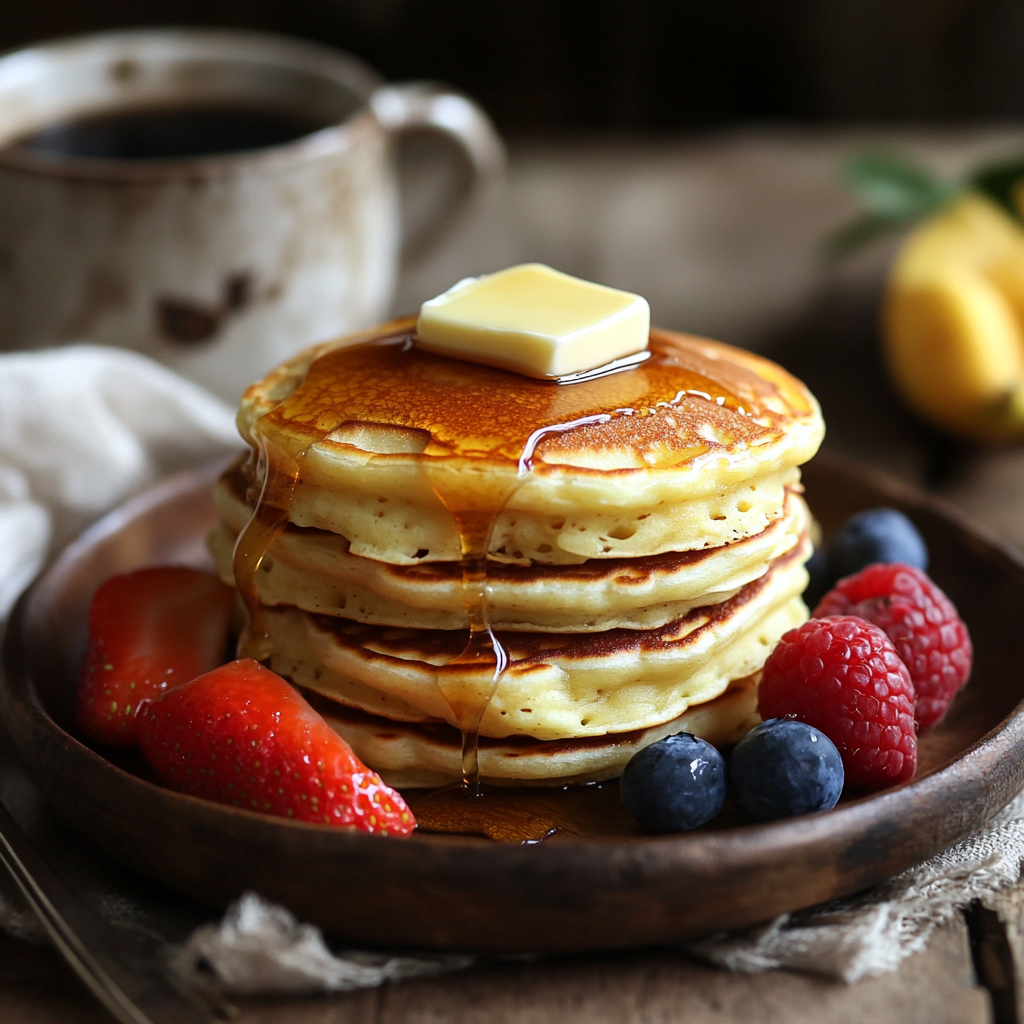 Stack of fluffy Cracker Barrel pancakes with butter and syrup