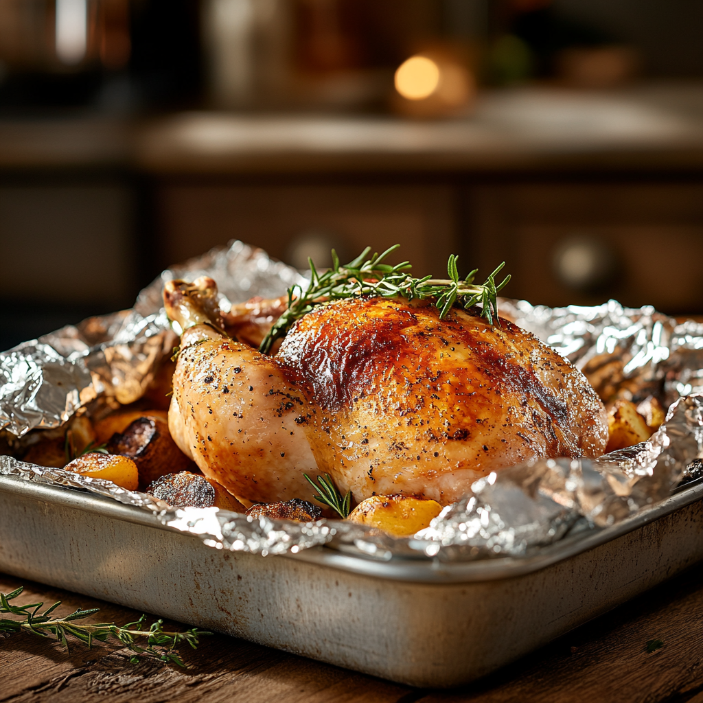 Baked chicken in an oven, covered with foil for moisture retention.