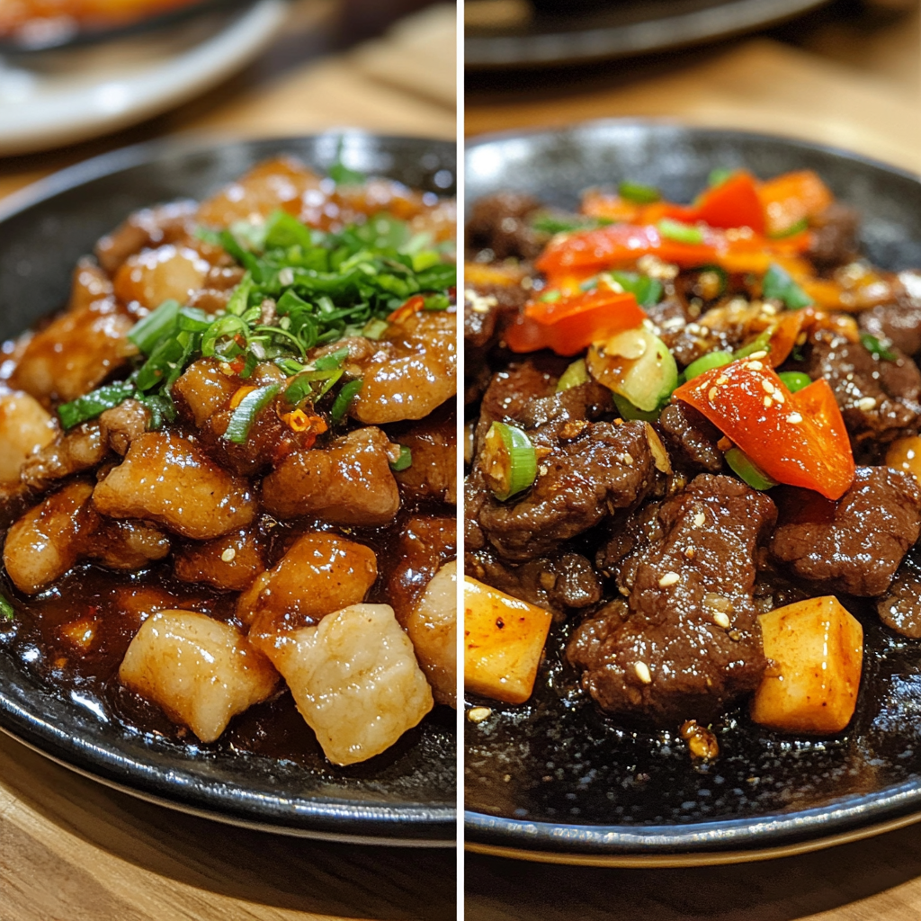 Beijing beef and Mongolian beef served side by side on white plates.