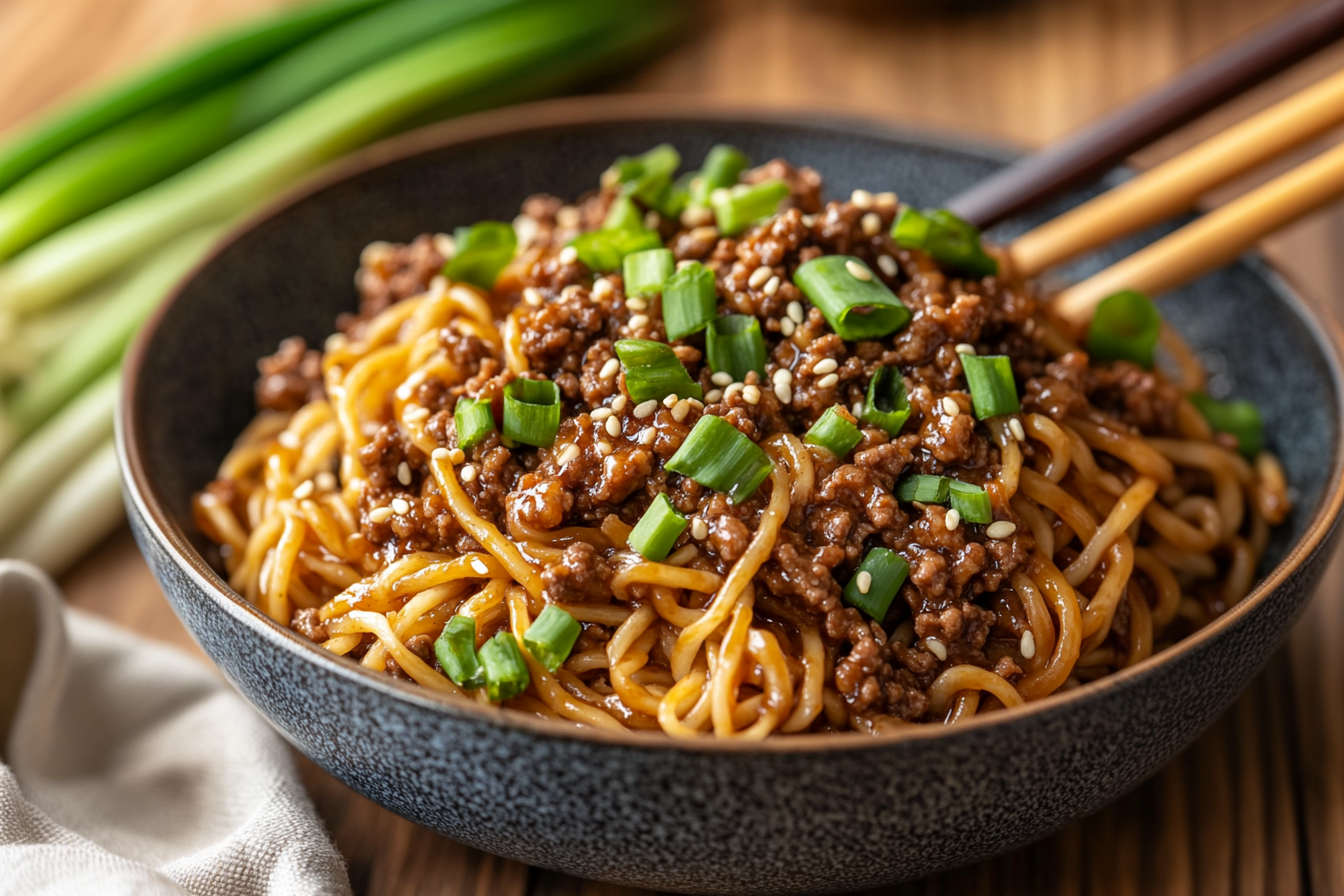 Ground beef Mongolian noodles served in a bowl with green onions and sesame seeds on top.