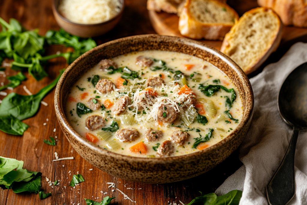Creamy Parmesan Italian Sausage Soup served in a bowl with fresh parsley garnish.