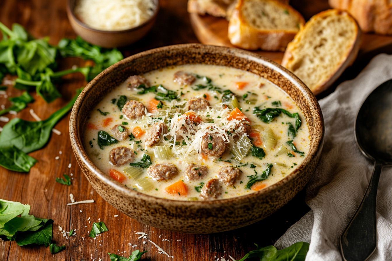 Creamy Parmesan Italian Sausage Soup served in a bowl with fresh parsley garnish.