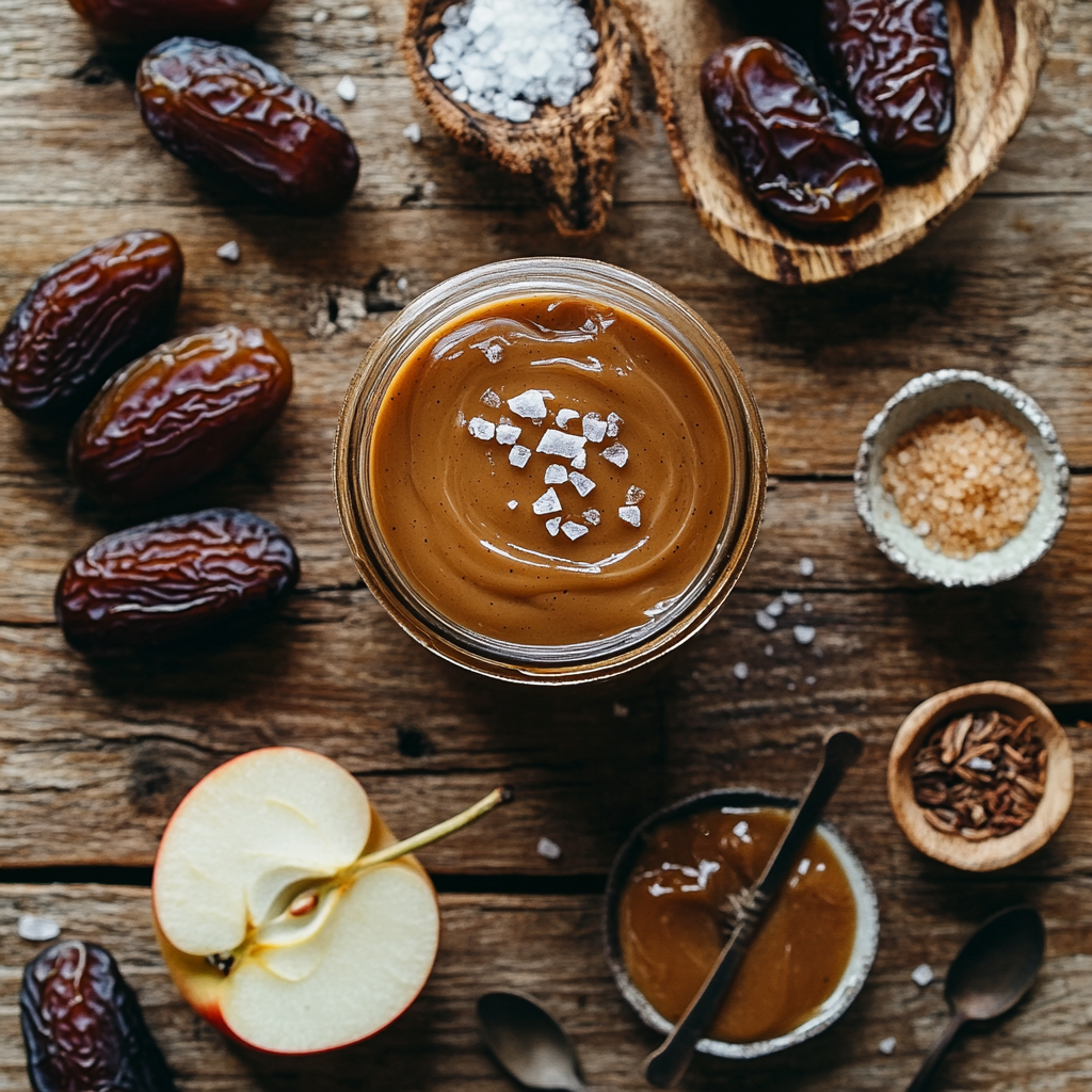 A jar of homemade date caramel surrounded by Medjool dates.