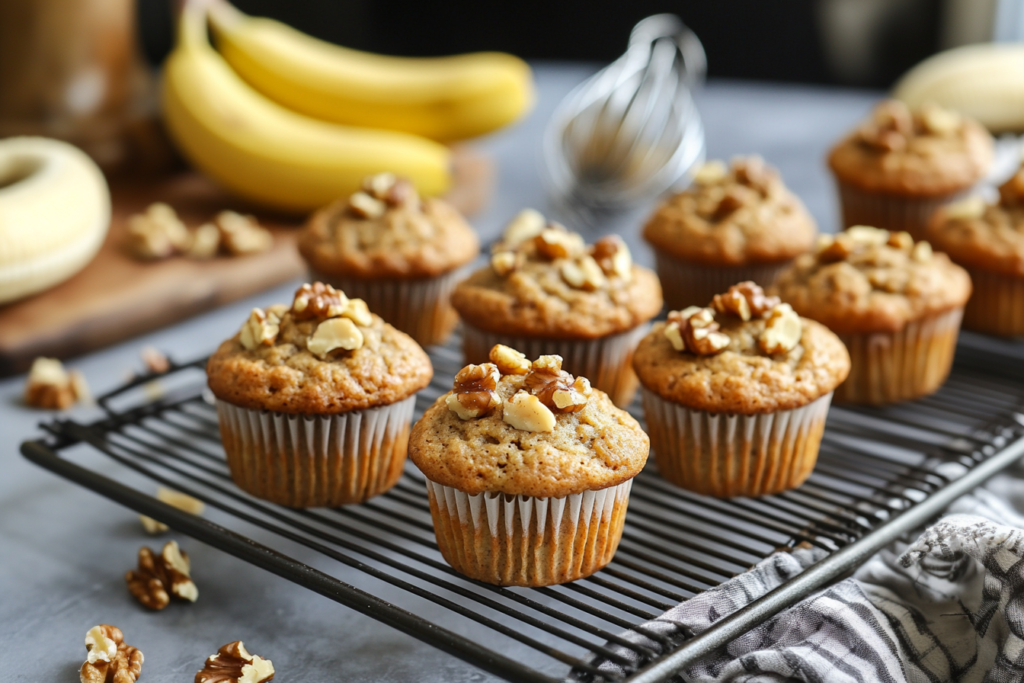 Gluten free banana nut muffins arranged on a cooling rack with a golden-brown top and pieces of walnut.