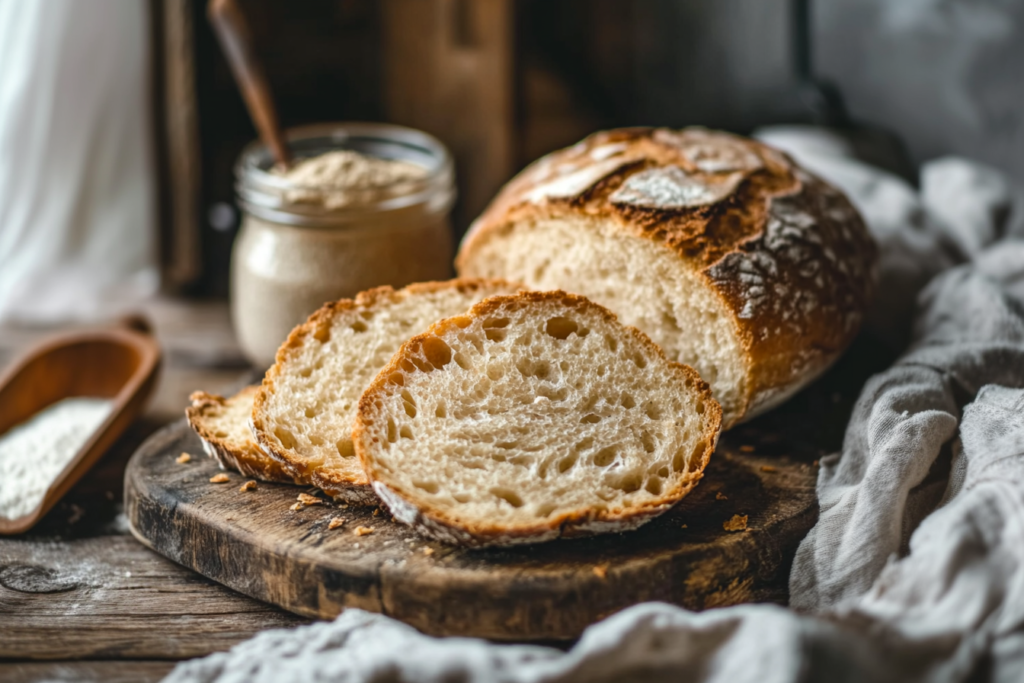 Gluten free sourdough bread with a golden crust, sliced and displayed on a wooden cutting board.
