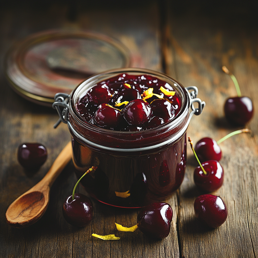 Homemade cherry preserves in a glass jar with fresh cherries
