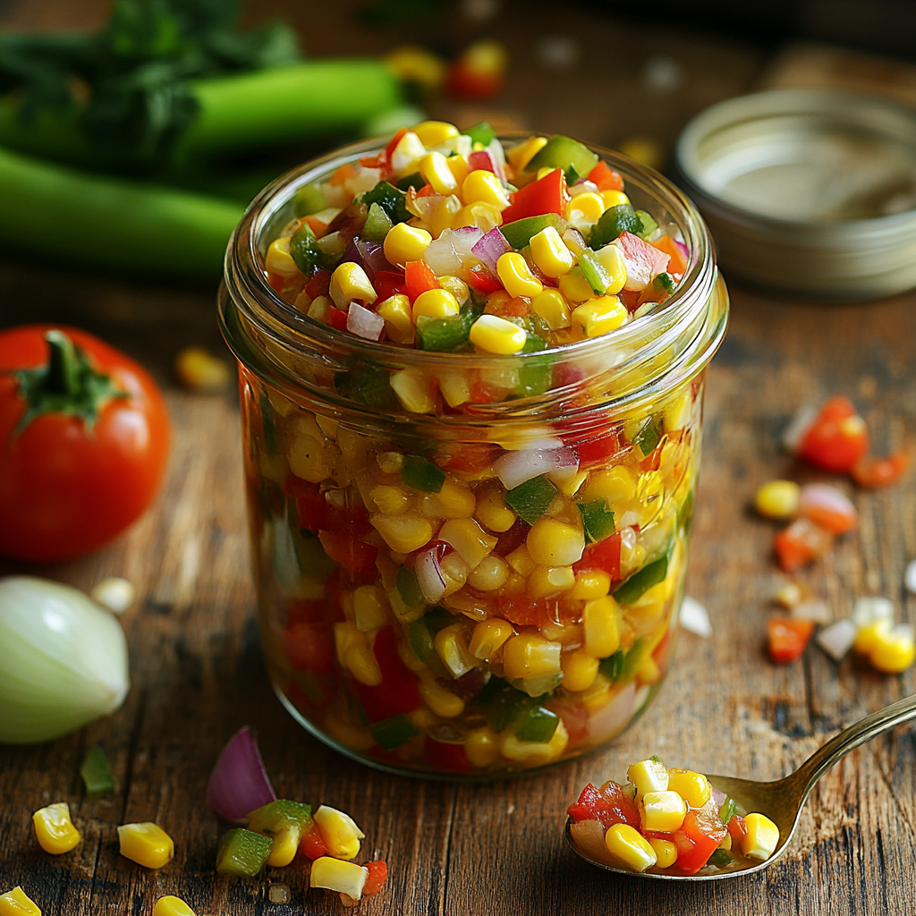 Homemade corn relish with fresh corn, bell peppers, and onions in a glass jar.