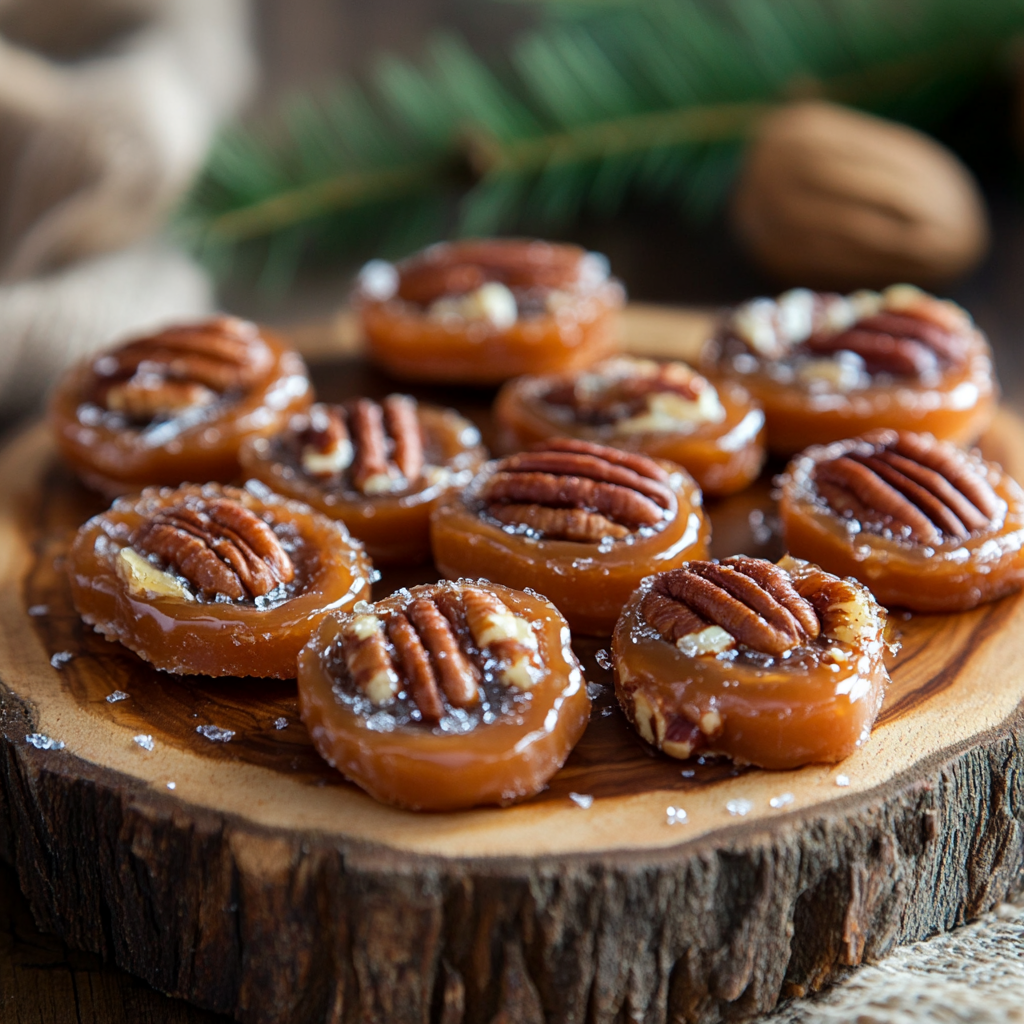 Close-up of homemade pecan candy on a wooden platter