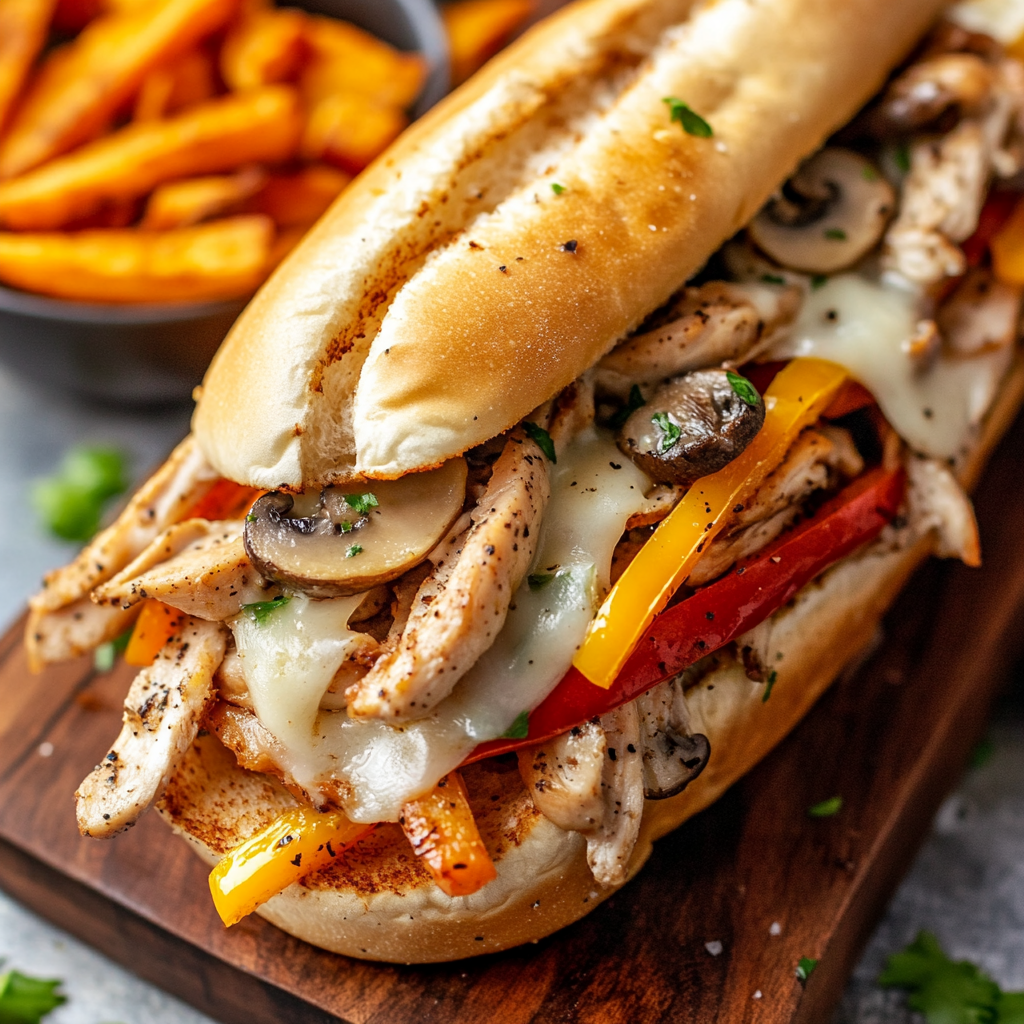 Chicken Philly cheesesteak sandwich with melted cheese and sauteed vegetables.