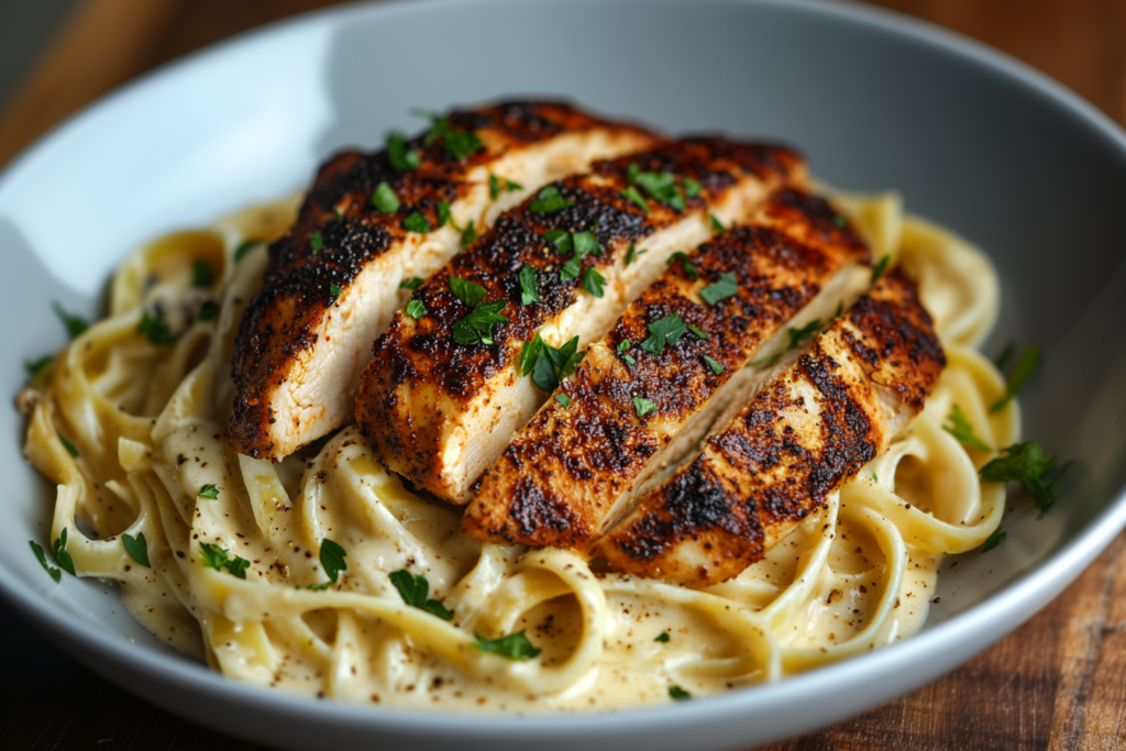 Blackened chicken alfredo served with fettuccine pasta, garnished with parsley