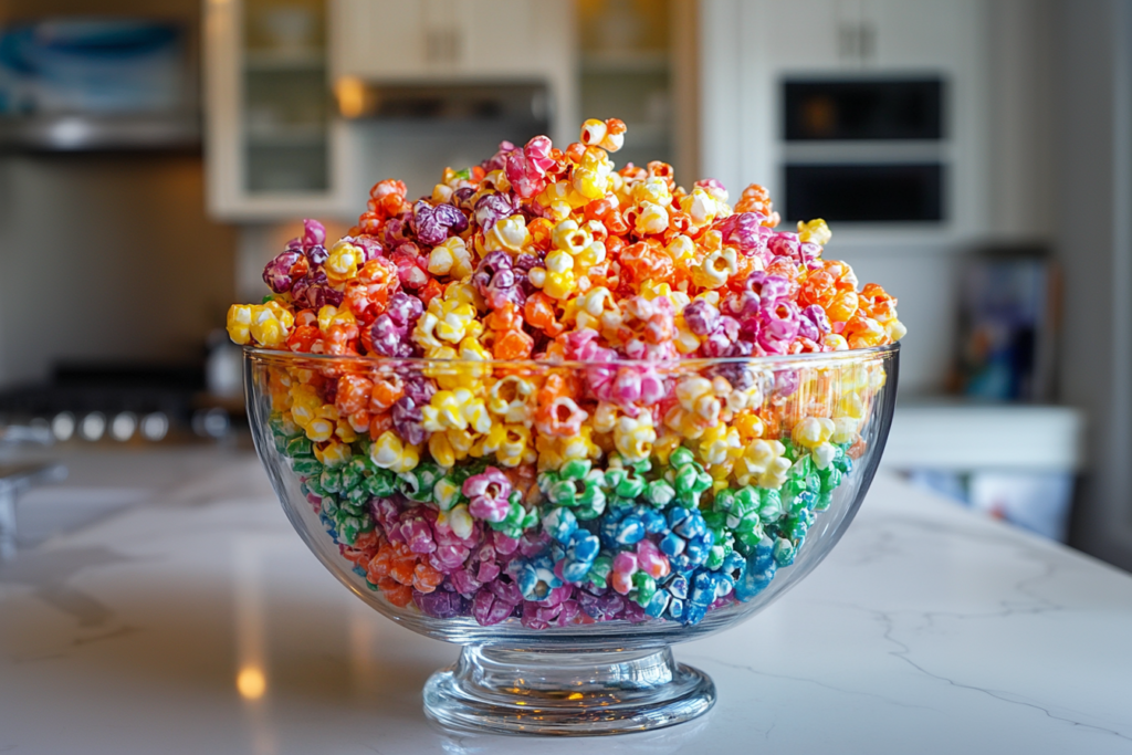A bowl of colorful rainbow popcorn, with vibrant shades of red, blue, green, and yellow.